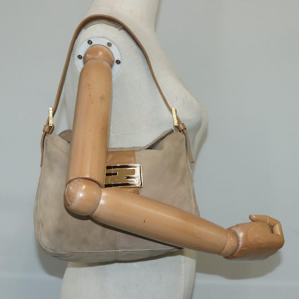 FENDI Mamma Baguette Shoulder Bag Suede Beige Gold 101458