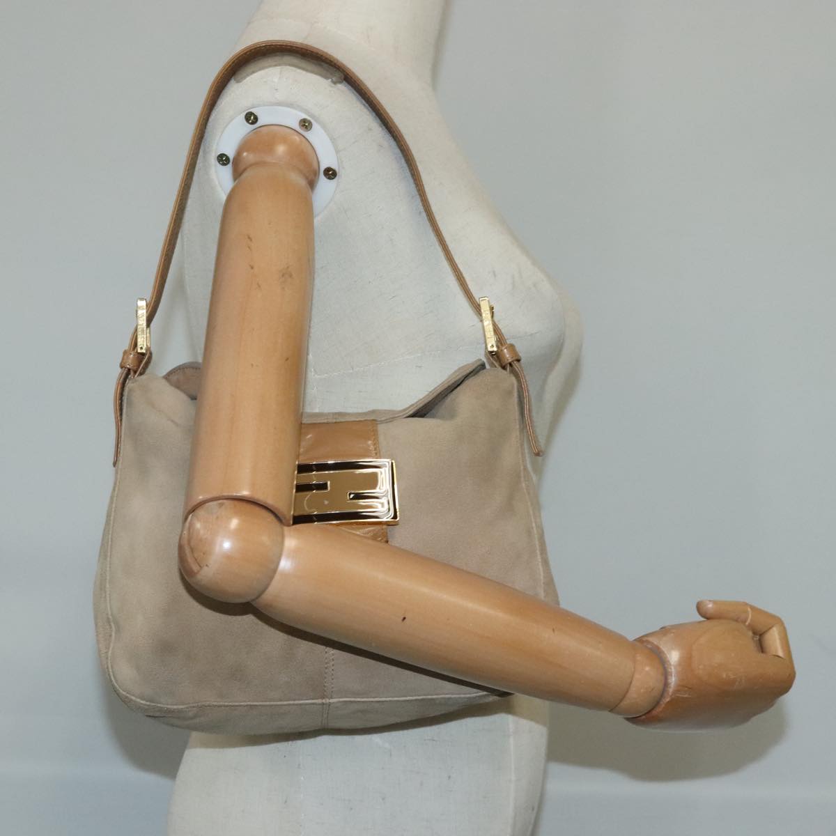 FENDI Mamma Baguette Shoulder Bag Suede Beige Gold 101458