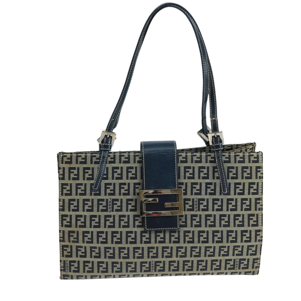 FENDI Zucchino Canvas Hand Bag Navy Silver 101922