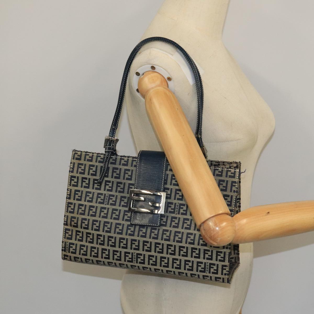FENDI Zucchino Canvas Hand Bag Navy Silver 101922
