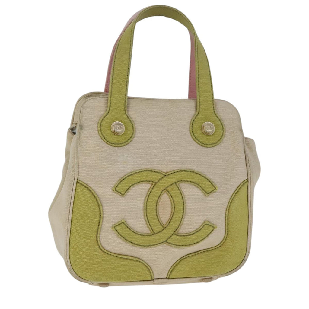 CHANEL Hand Bag Canvas Beige Green CC 101955