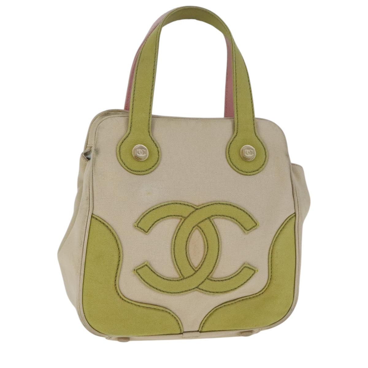 CHANEL Hand Bag Canvas Beige Green CC 101955