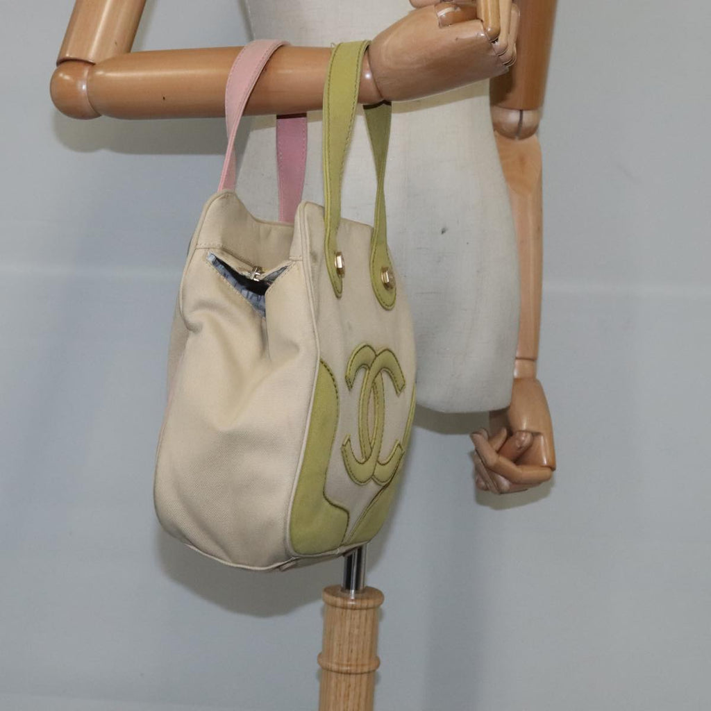 CHANEL Hand Bag Canvas Beige Green CC 101955