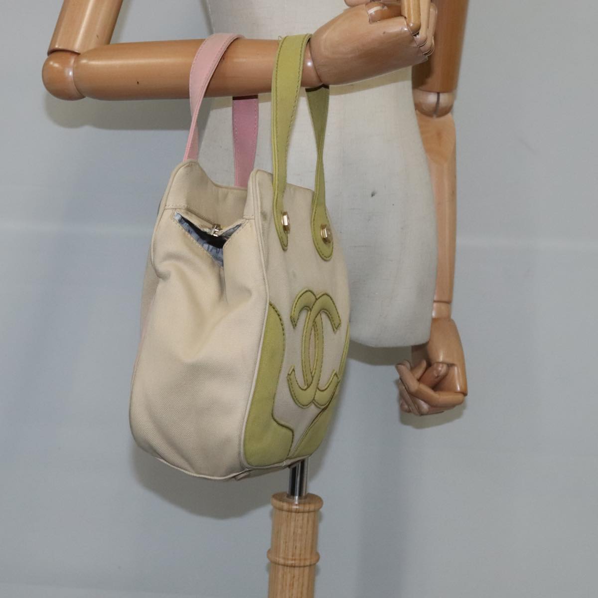 CHANEL Hand Bag Canvas Beige Green CC 101955