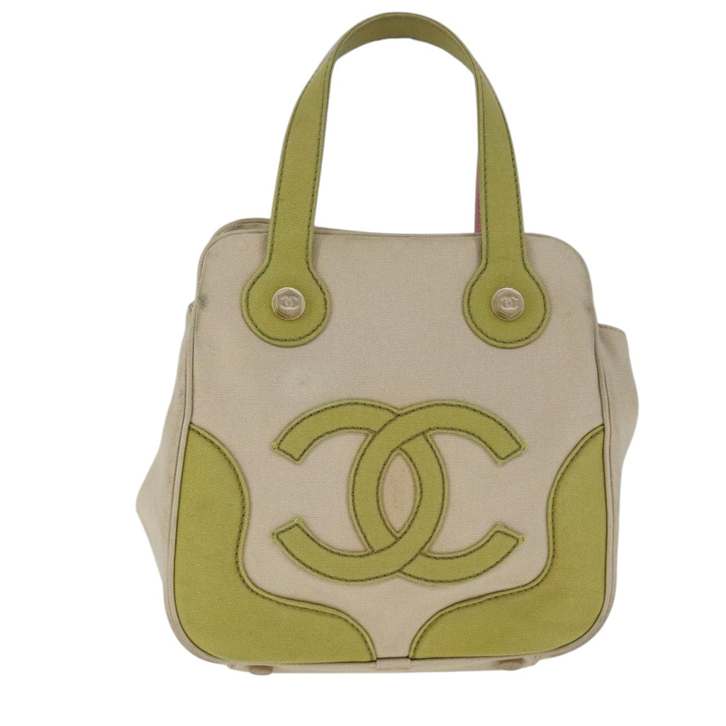 CHANEL Hand Bag Canvas Beige Green CC 101955
