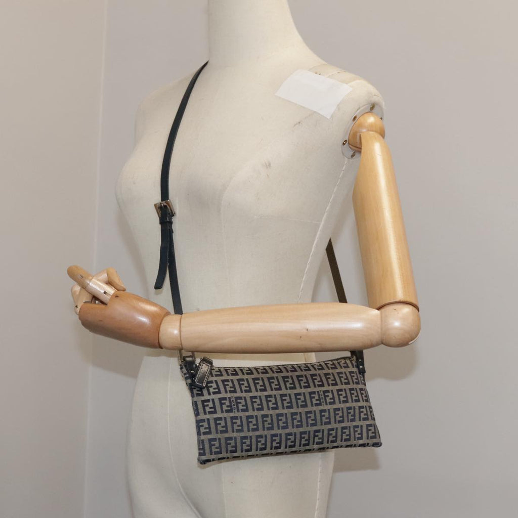 FENDI Zucchino Canvas Shoulder Bag Navy Silver 101961