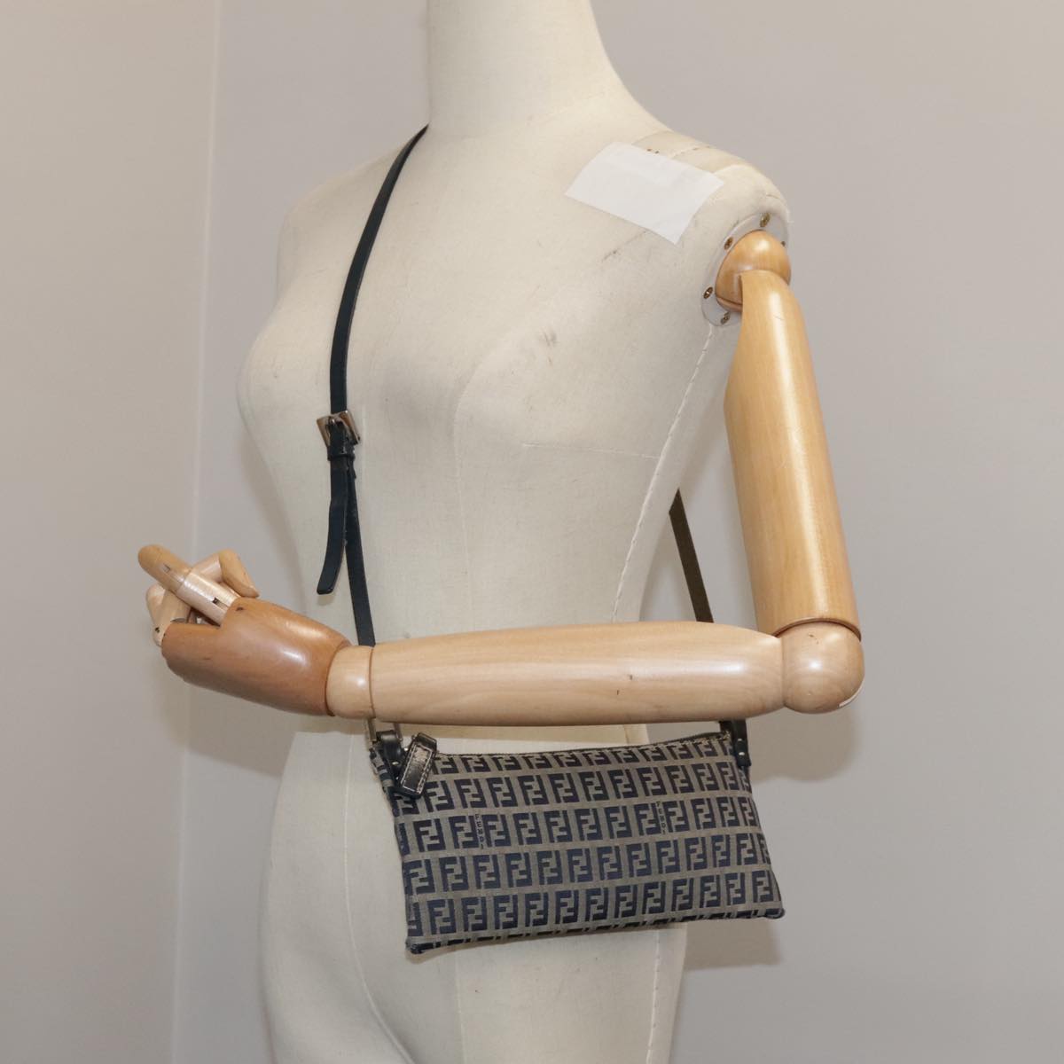 FENDI Zucchino Canvas Shoulder Bag Navy Silver 101961