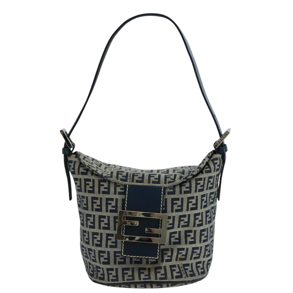FENDI Zucchino Canvas Hand Bag Navy Silver 101993