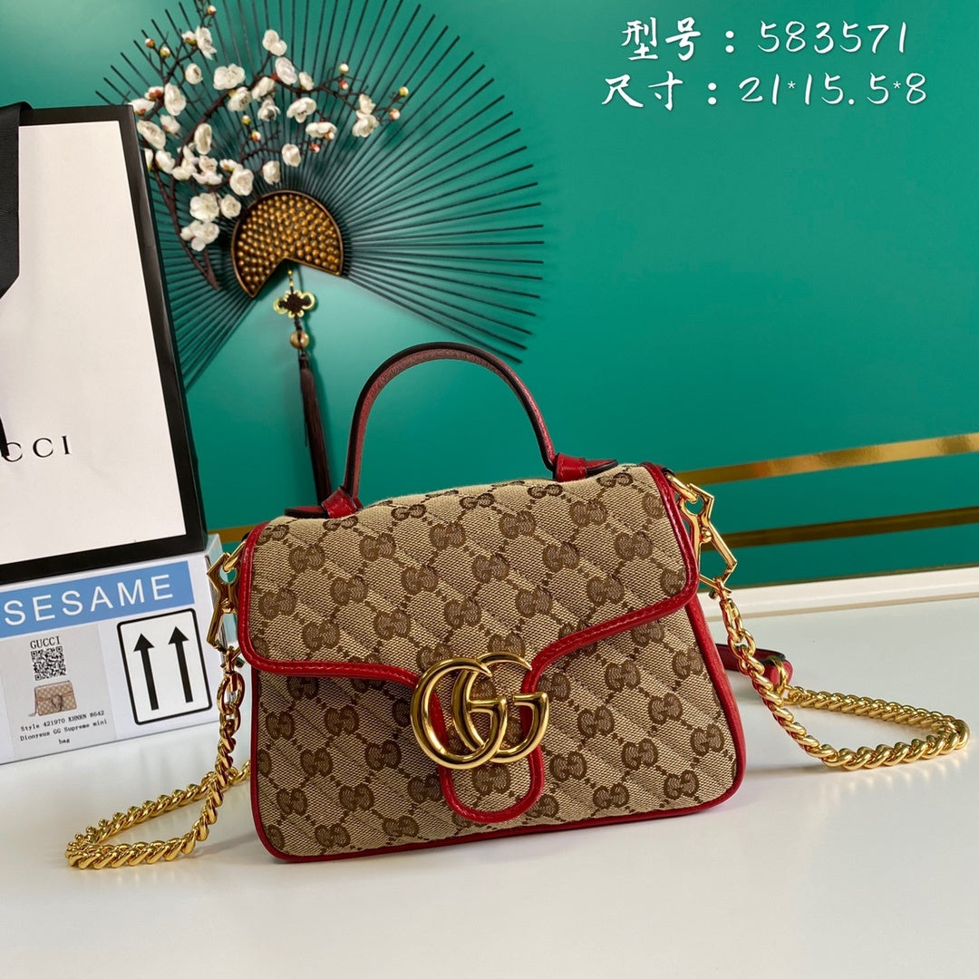 gg Ladies gg Canvas Marmont Mini Top Handle Bag Beige And Red gg Canvas For Women 8.3in/21cm gg 583571 HVKEG 8561
