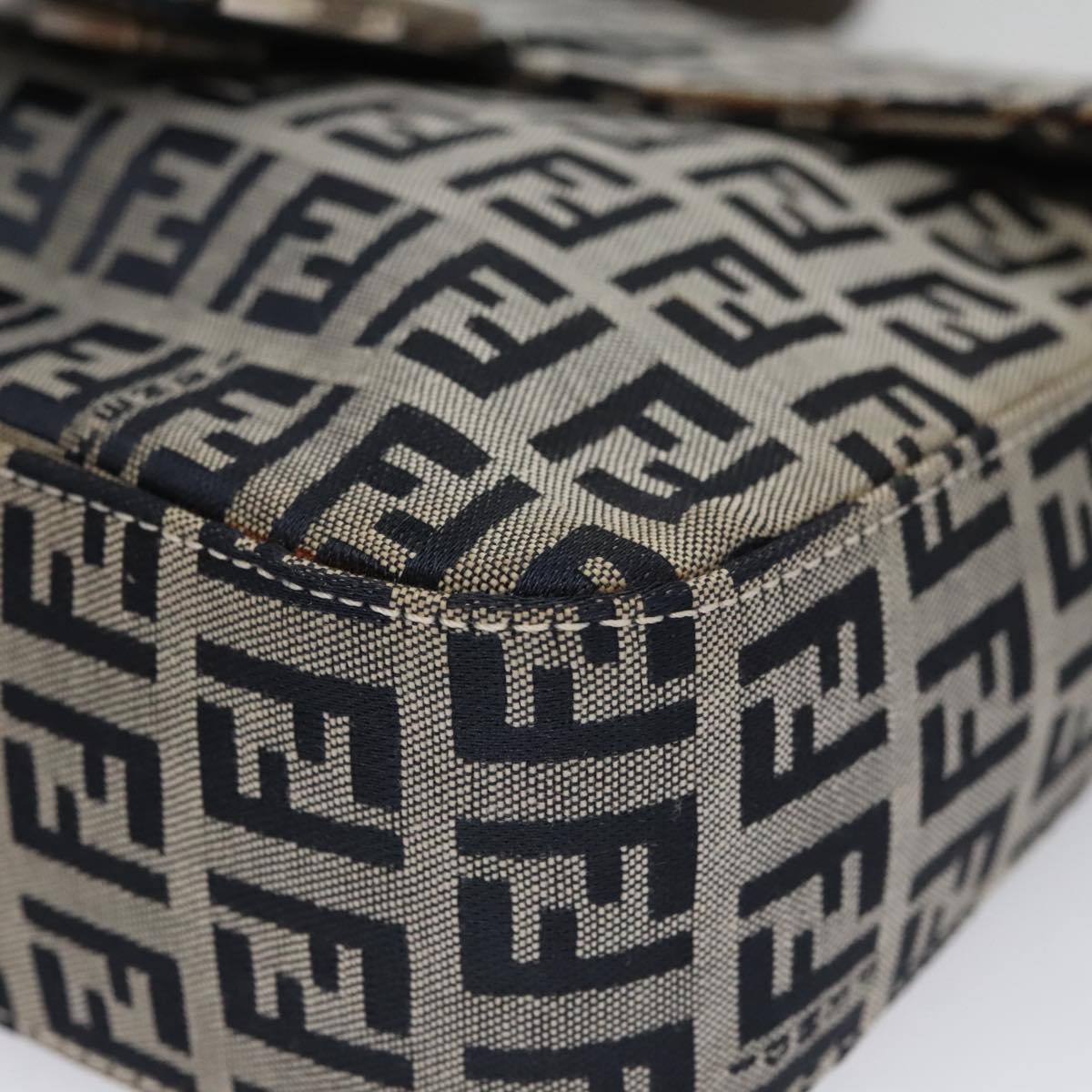 FENDI Zucchino Canvas Mamma Baguette Shoulder Bag Navy Silver 102011