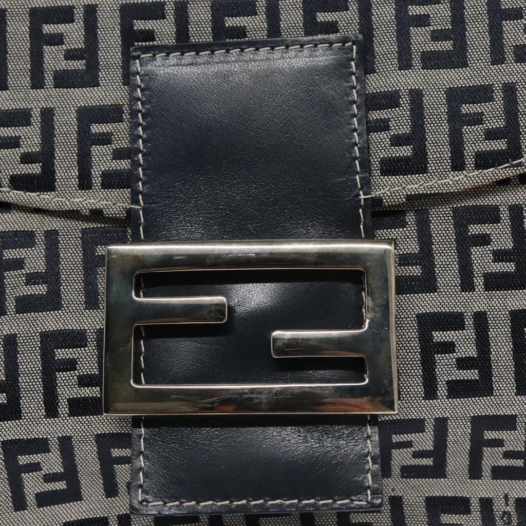 FENDI Zucchino Canvas Mamma Baguette Shoulder Bag Navy Silver 102011