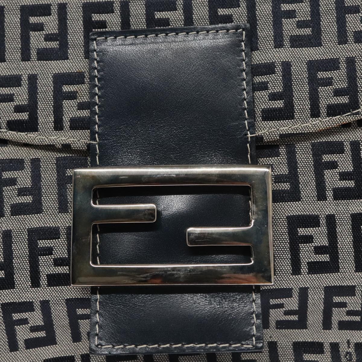 FENDI Zucchino Canvas Mamma Baguette Shoulder Bag Navy Silver 102011