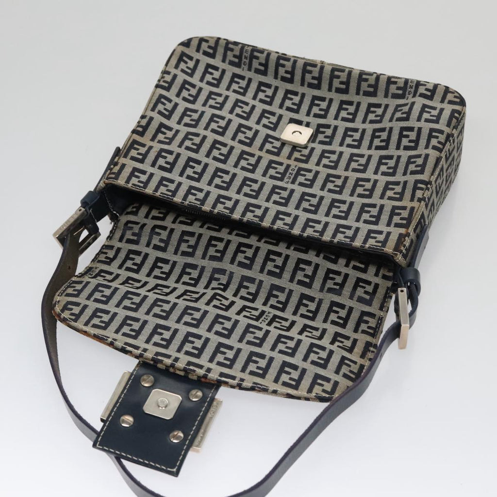 FENDI Zucchino Canvas Mamma Baguette Shoulder Bag Navy Silver 102011