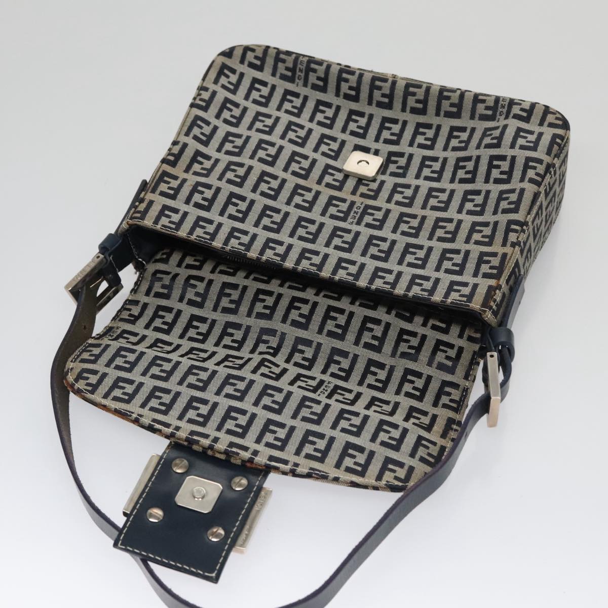 FENDI Zucchino Canvas Mamma Baguette Shoulder Bag Navy Silver 102011
