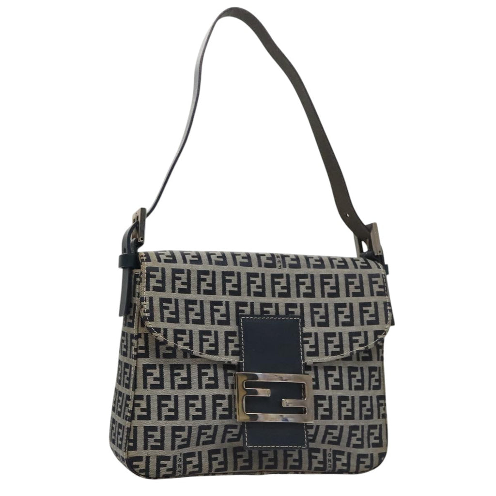 FENDI Zucchino Canvas Mamma Baguette Shoulder Bag Navy Silver 102011