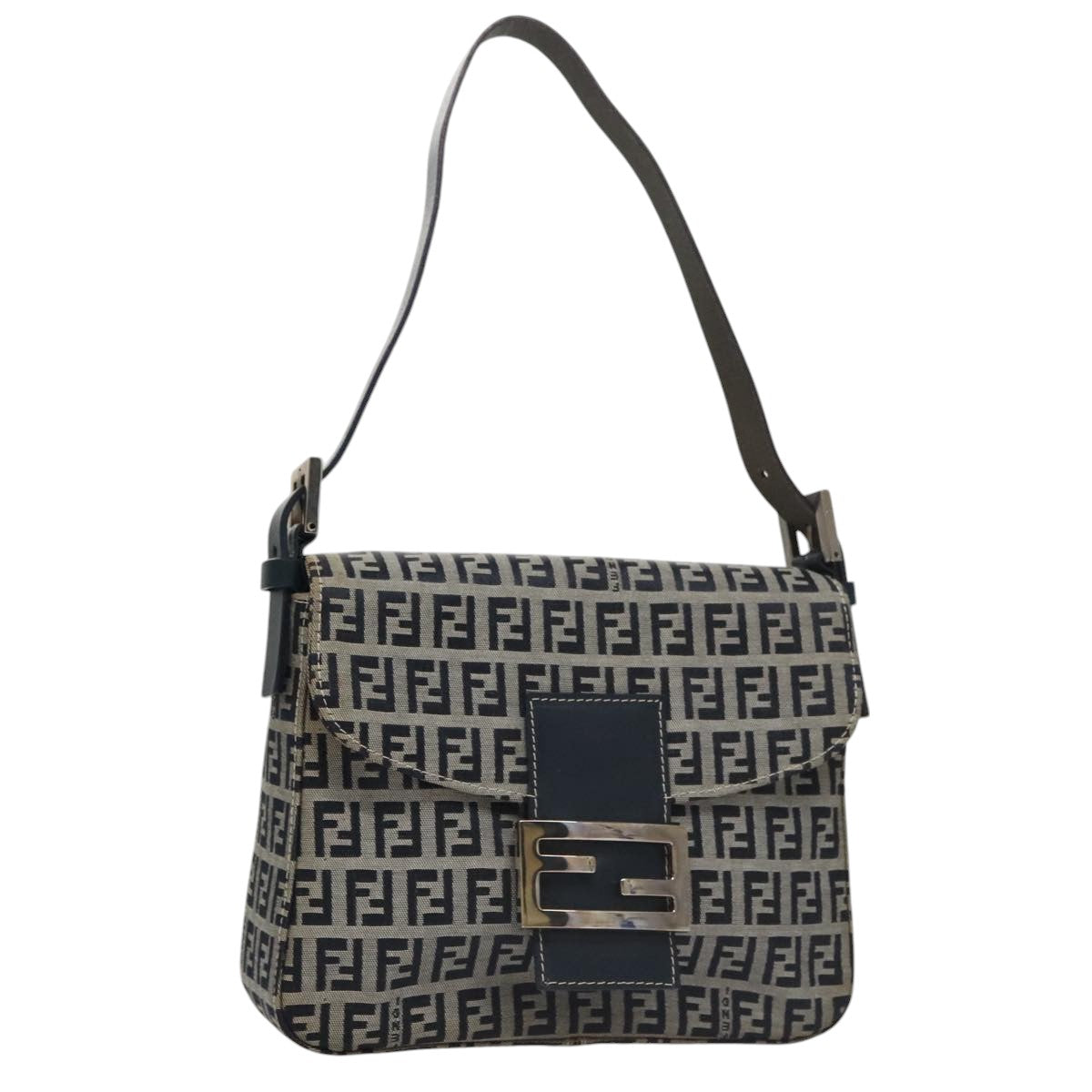 FENDI Zucchino Canvas Mamma Baguette Shoulder Bag Navy Silver 102011