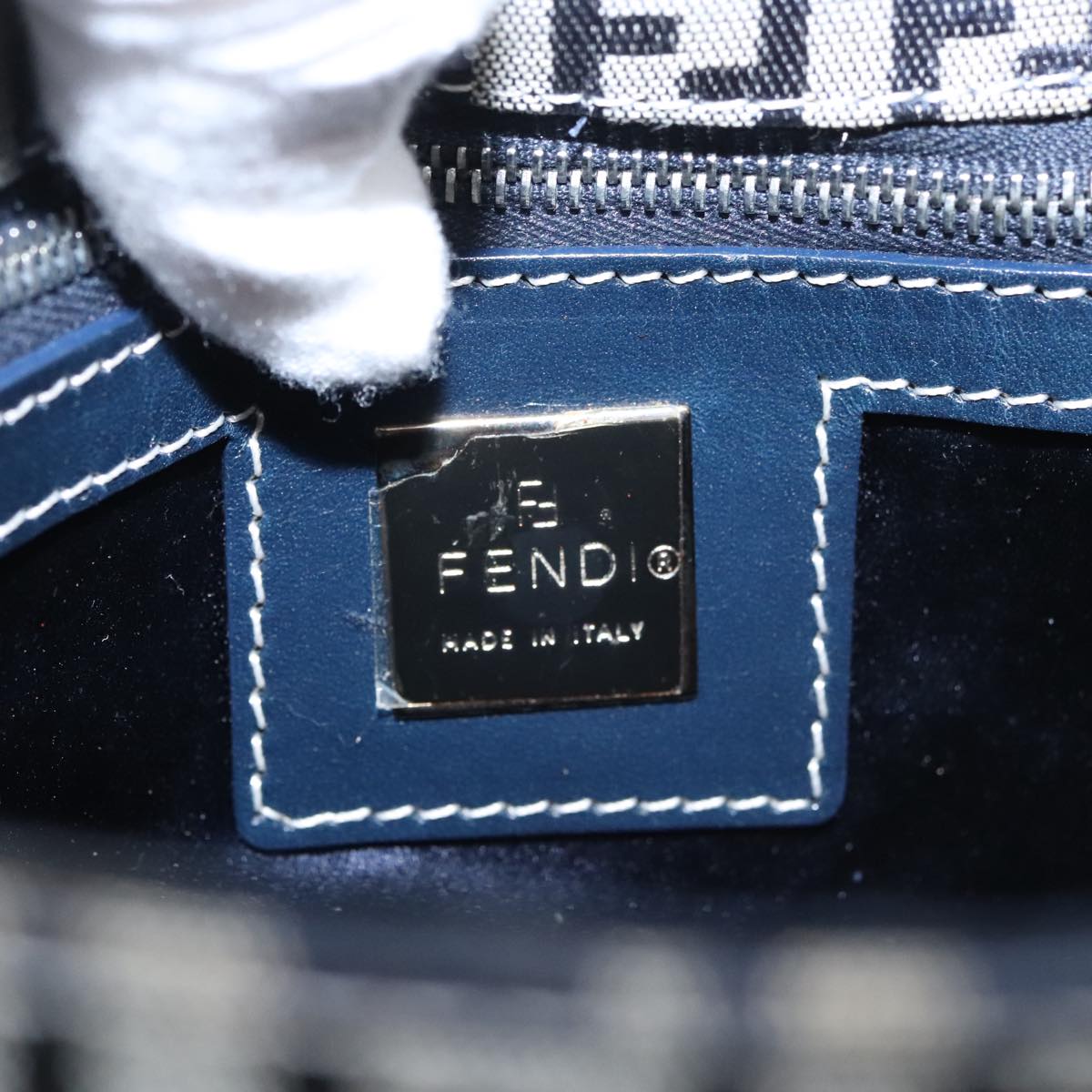 FENDI Zucchino Canvas Mamma Baguette Shoulder Bag Navy Silver 102011