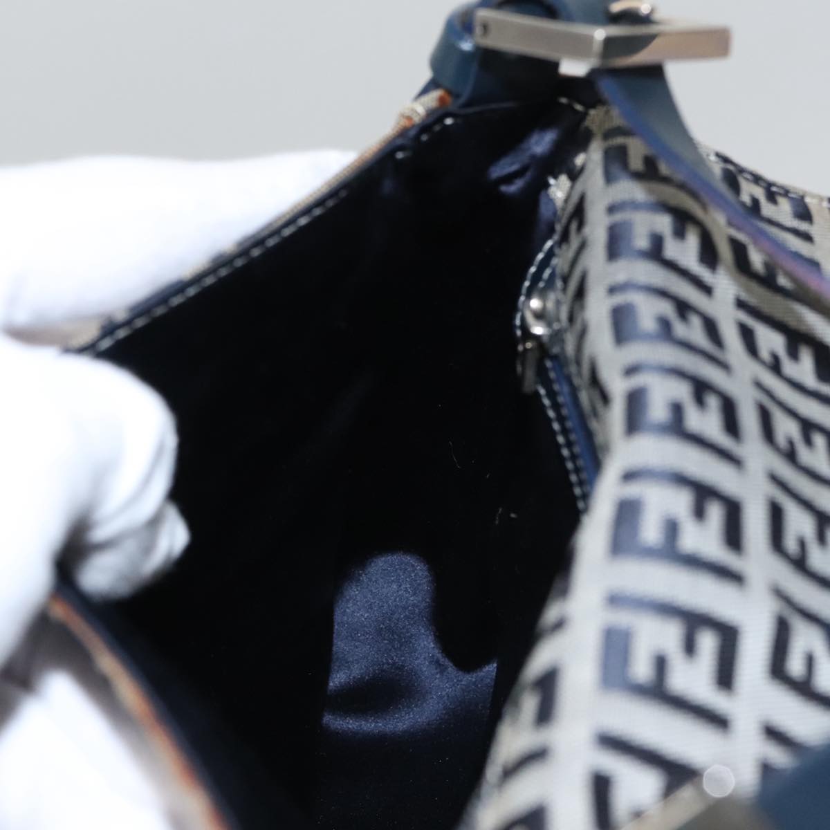 FENDI Zucchino Canvas Mamma Baguette Shoulder Bag Navy Silver 102011