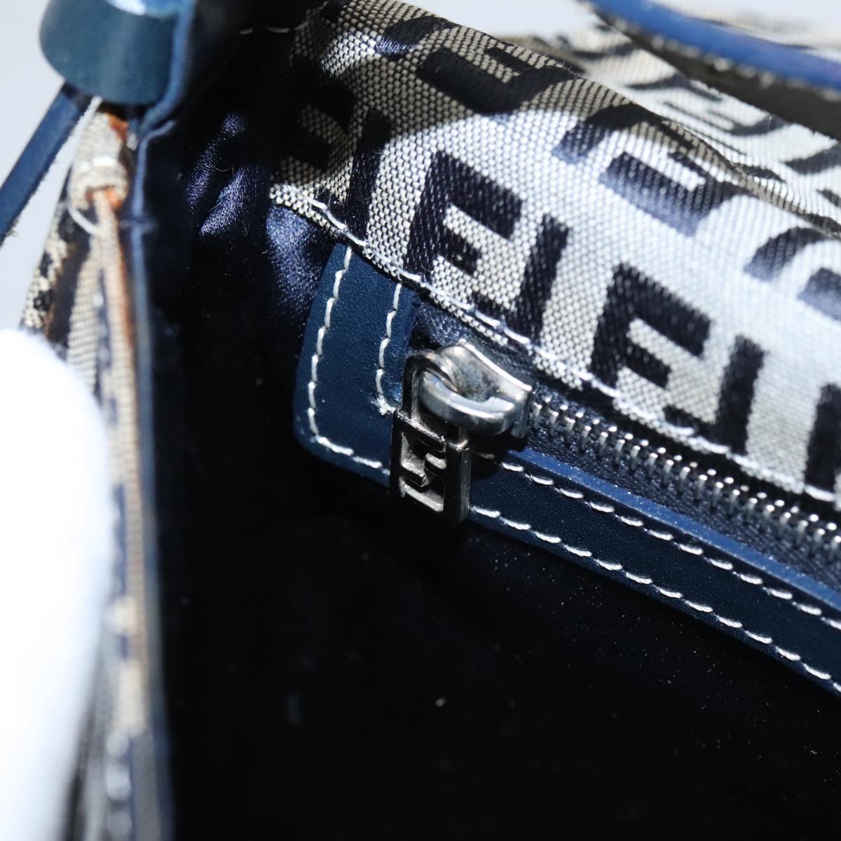 FENDI Zucchino Canvas Mamma Baguette Shoulder Bag Navy Silver 102011