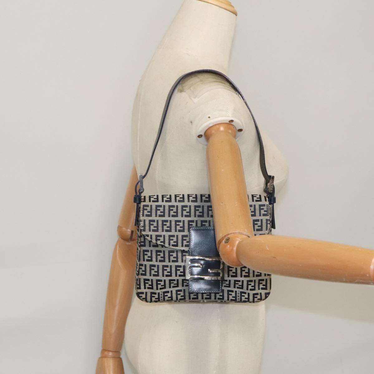 FENDI Zucchino Canvas Mamma Baguette Shoulder Bag Navy Silver 102011
