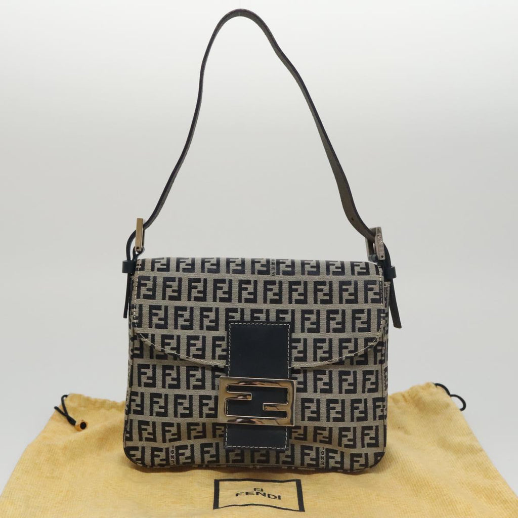 FENDI Zucchino Canvas Mamma Baguette Shoulder Bag Navy Silver 102011