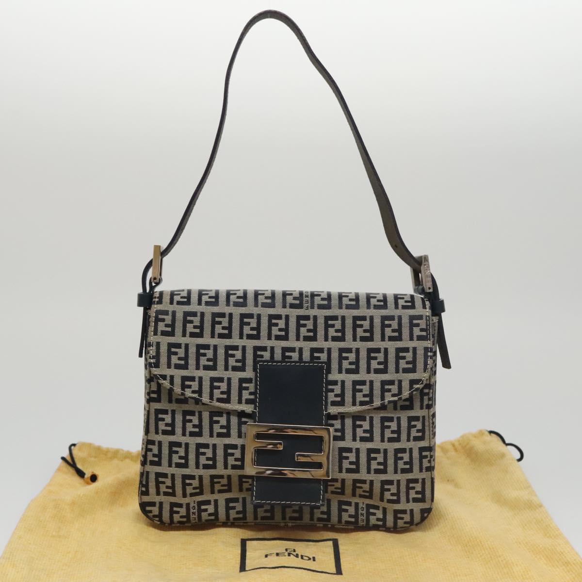 FENDI Zucchino Canvas Mamma Baguette Shoulder Bag Navy Silver 102011