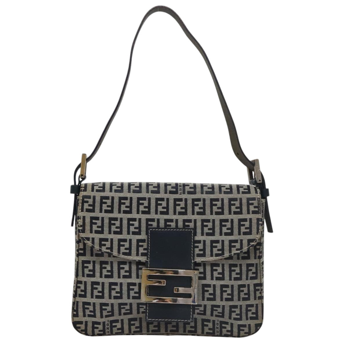FENDI Zucchino Canvas Mamma Baguette Shoulder Bag Navy Silver 102011