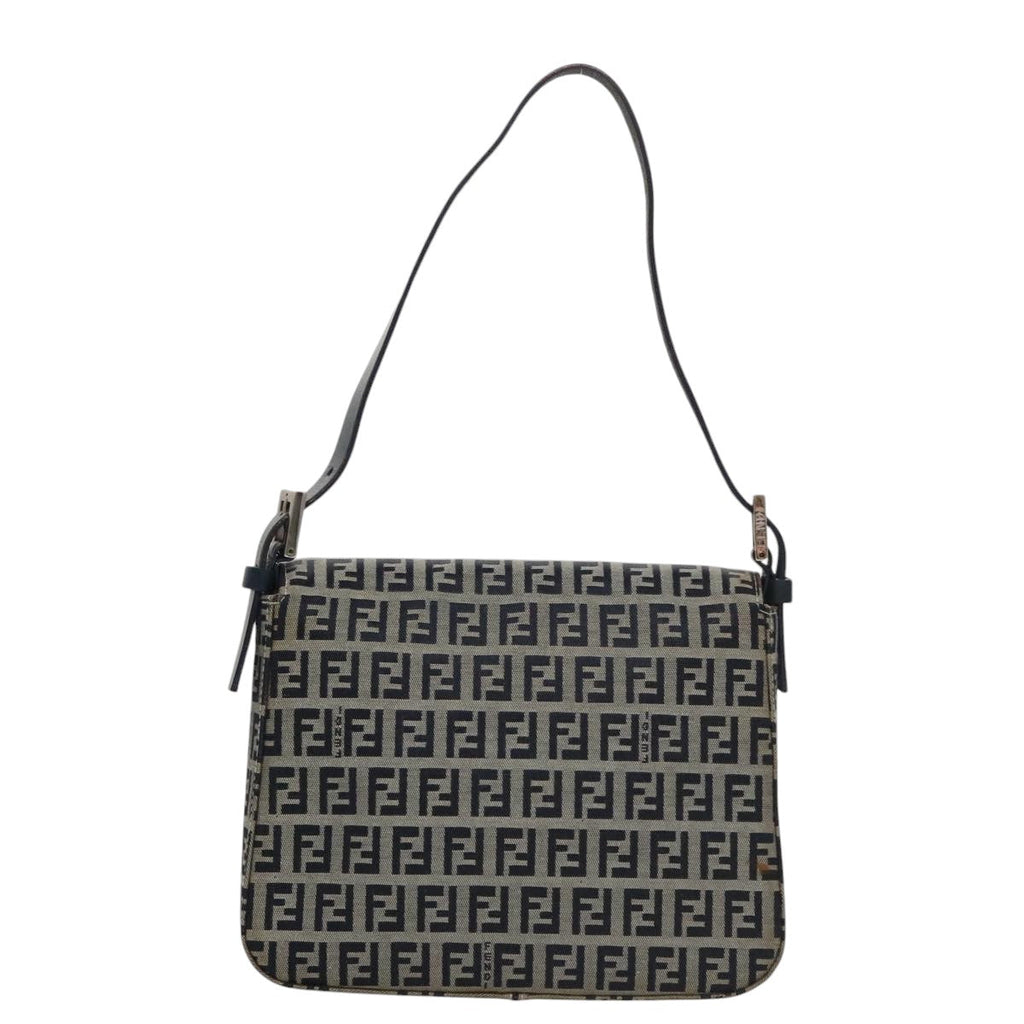 FENDI Zucchino Canvas Mamma Baguette Shoulder Bag Navy Silver 102011