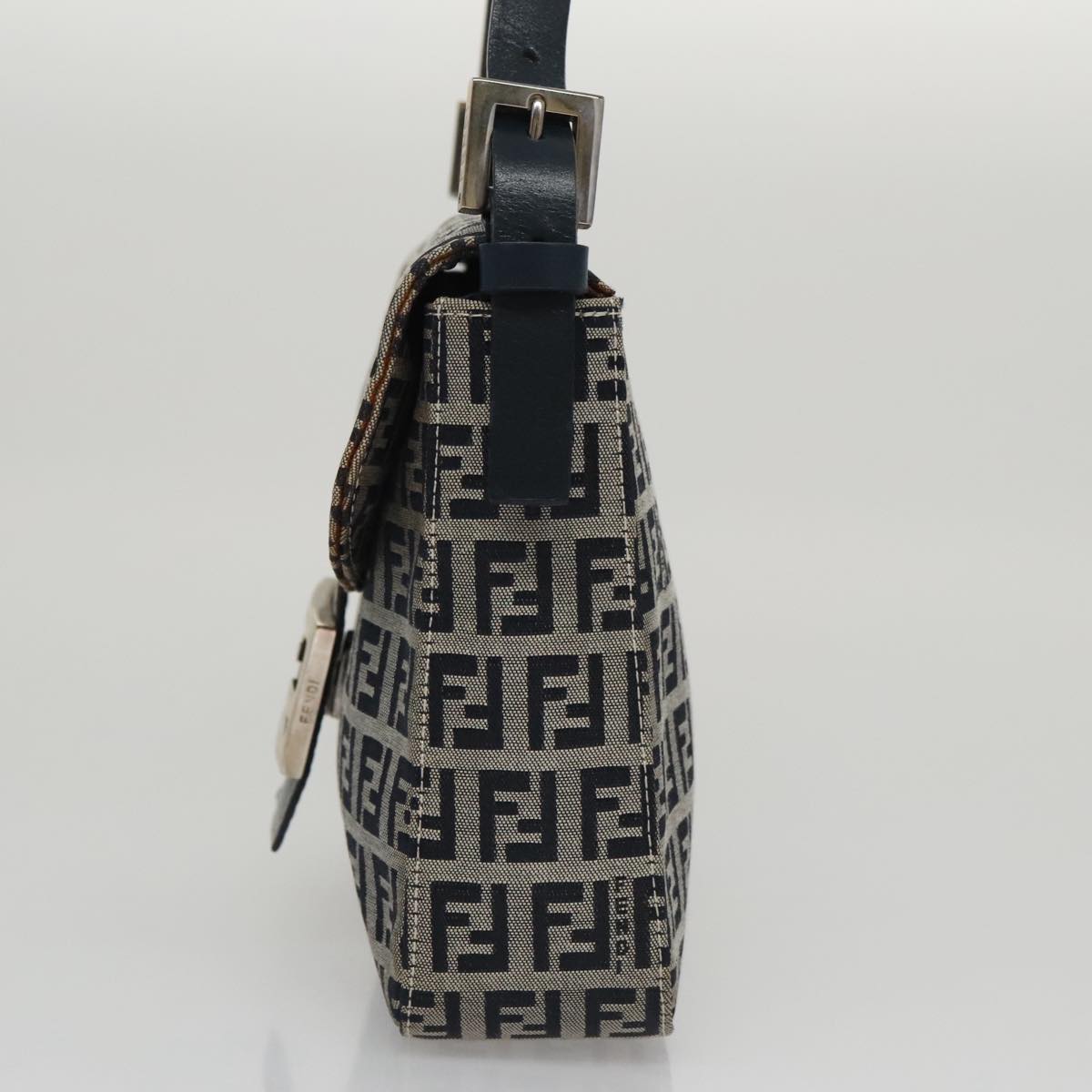 FENDI Zucchino Canvas Mamma Baguette Shoulder Bag Navy Silver 102011