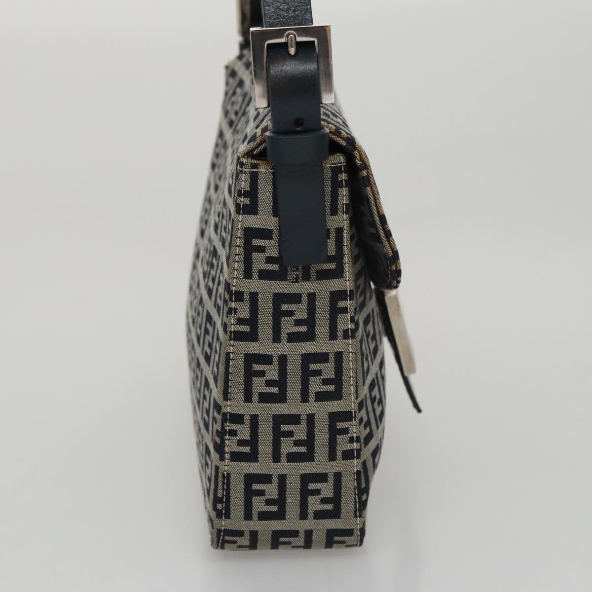 FENDI Zucchino Canvas Mamma Baguette Shoulder Bag Navy Silver 102011