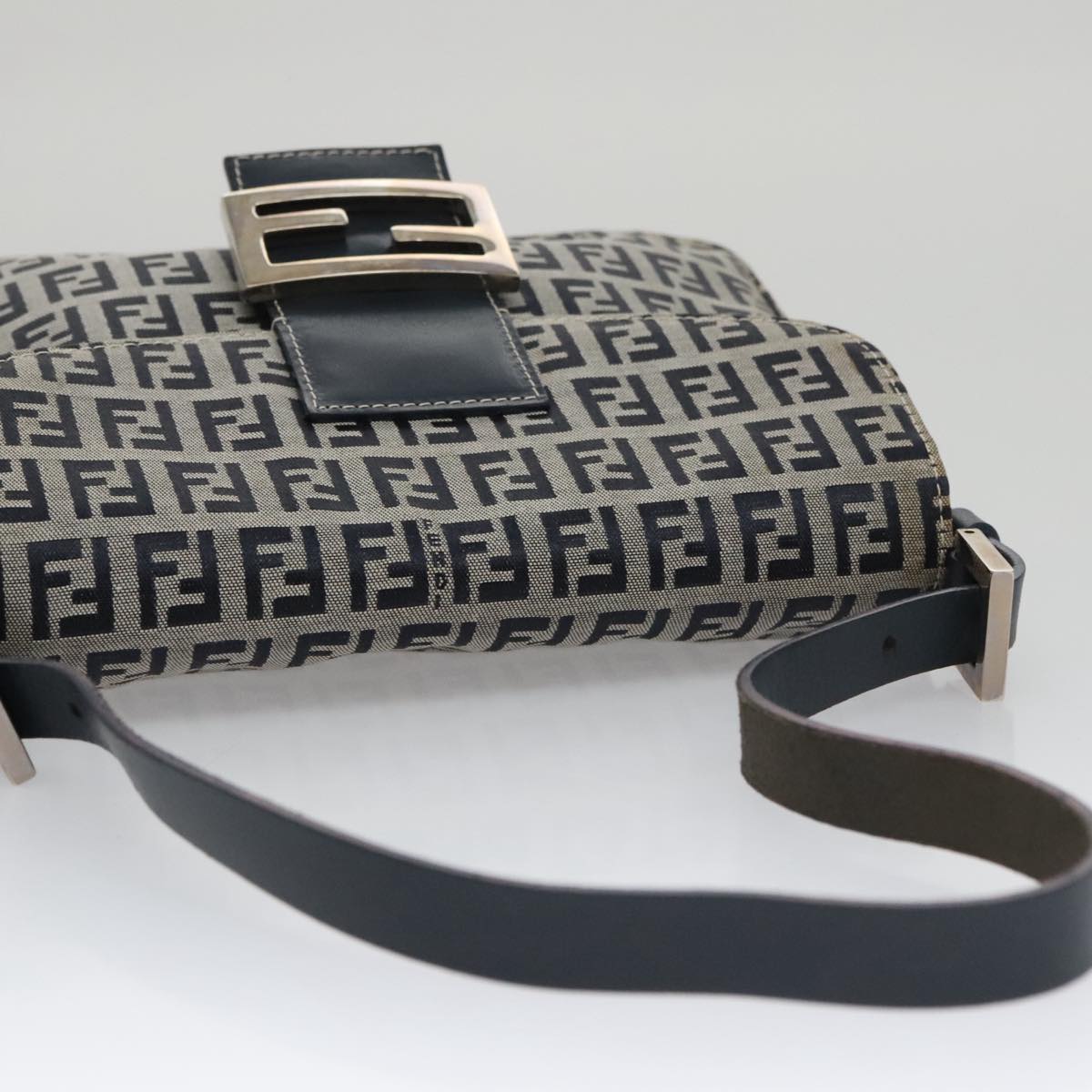 FENDI Zucchino Canvas Mamma Baguette Shoulder Bag Navy Silver 102011