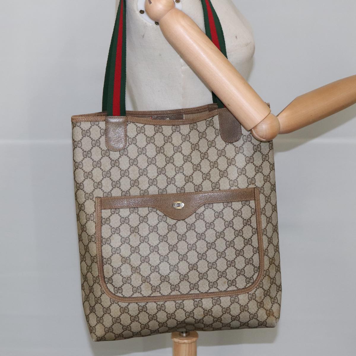 GUCCI GG Supreme Web Sherry Line Tote Bag PVC Beige Red Green 102053