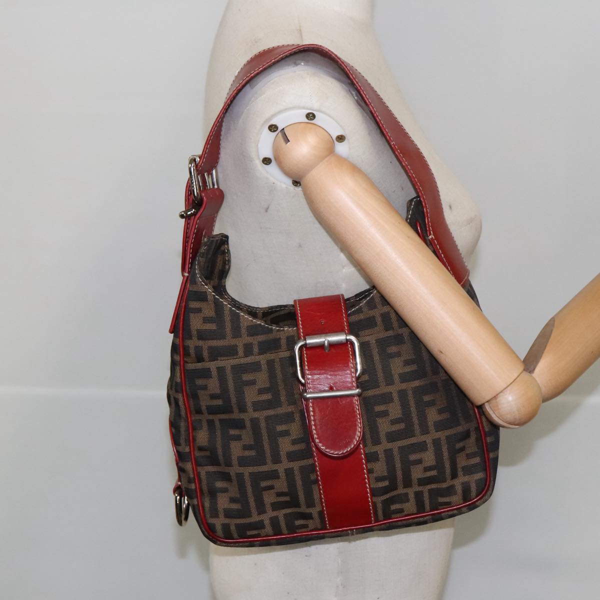 FENDI Zucca Canvas Shoulder Bag Brown Black 8BR148 102056