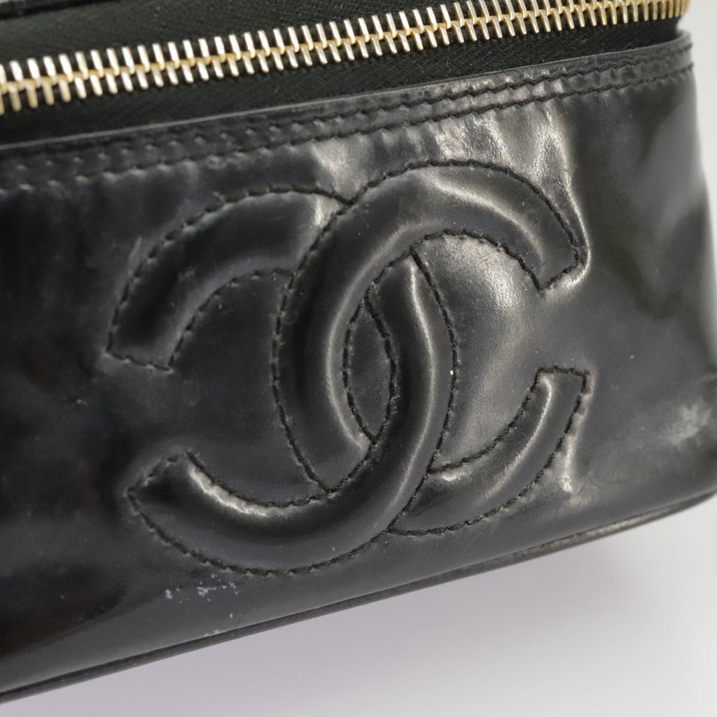 CHANEL Vanity Hand Bag Patent leather Black Gold CC 102205