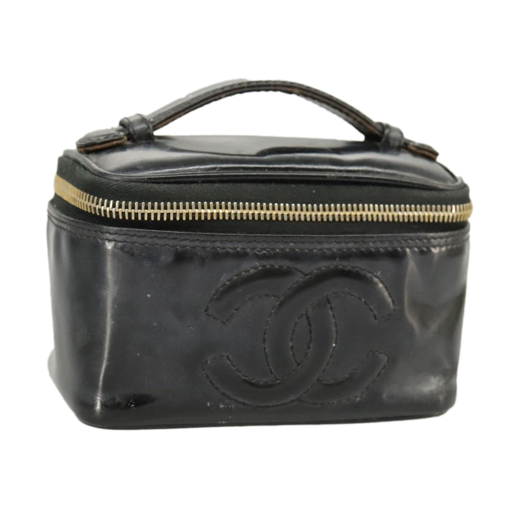 CHANEL Vanity Hand Bag Patent leather Black Gold CC 102205