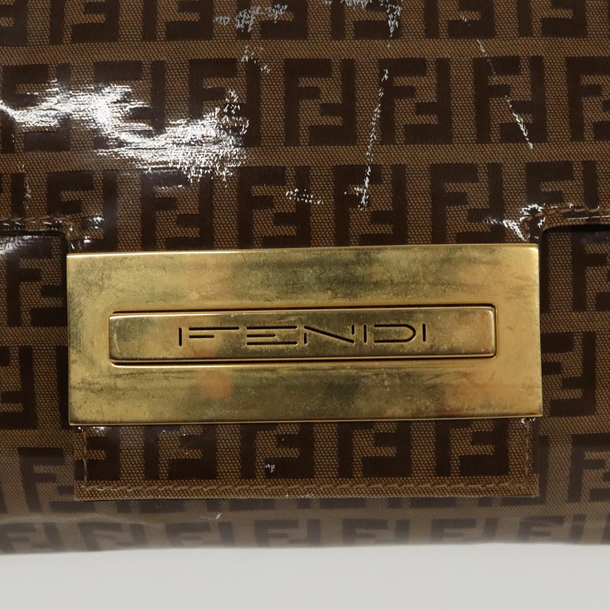 FENDI Zucchino Canvas Shoulder Bag Enamel Brown Gold 102279