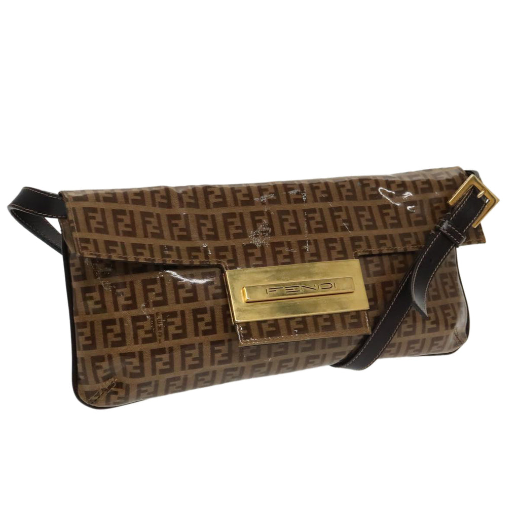 FENDI Zucchino Canvas Shoulder Bag Enamel Brown Gold 102279