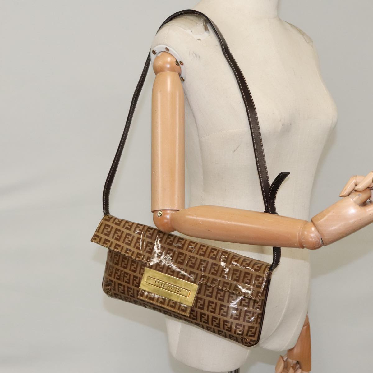 FENDI Zucchino Canvas Shoulder Bag Enamel Brown Gold 102279