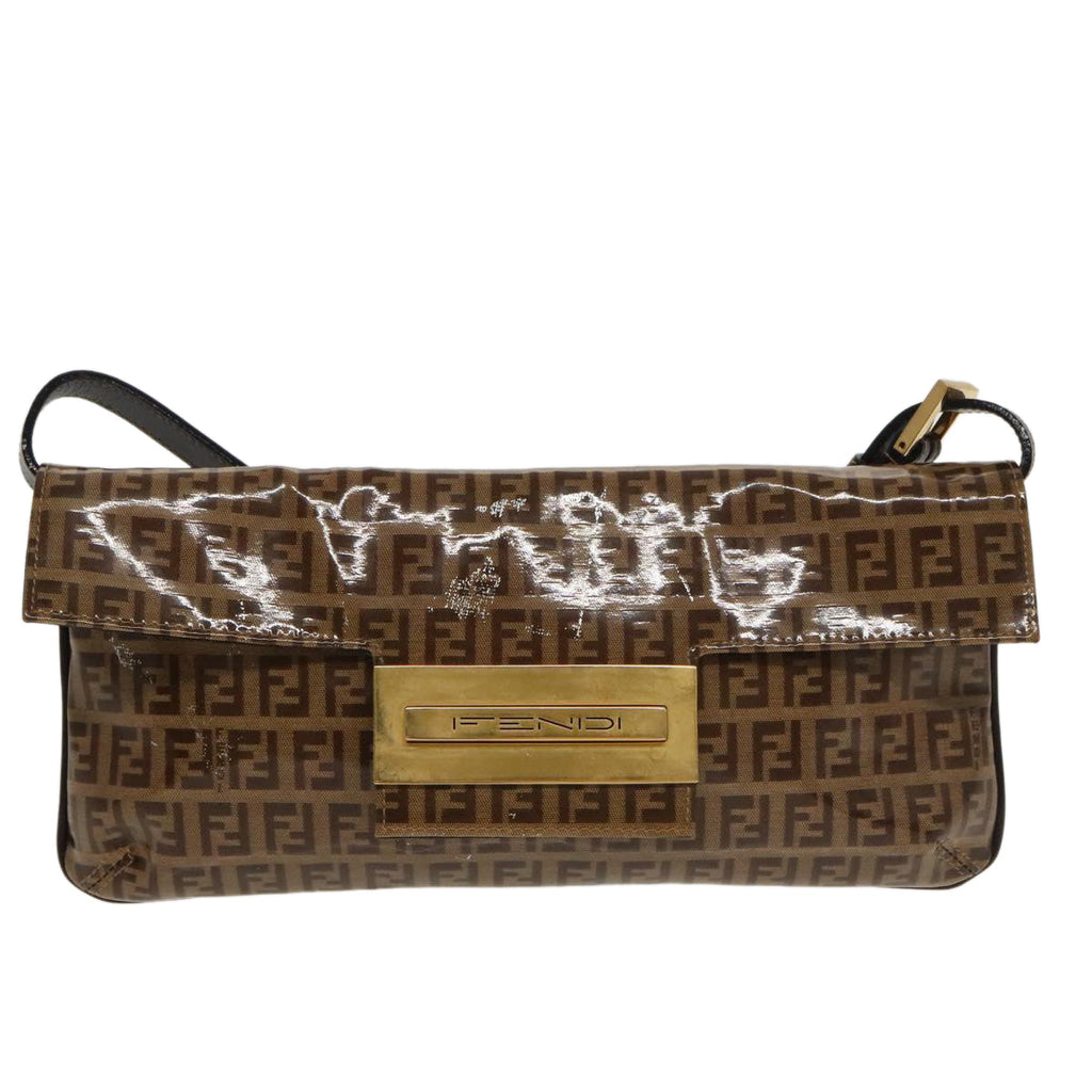 FENDI Zucchino Canvas Shoulder Bag Enamel Brown Gold 102279