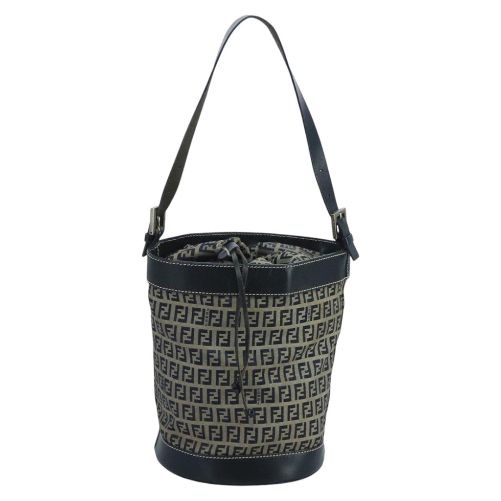 FENDI Zucchino Canvas Shoulder Bag Navy Silver 102520