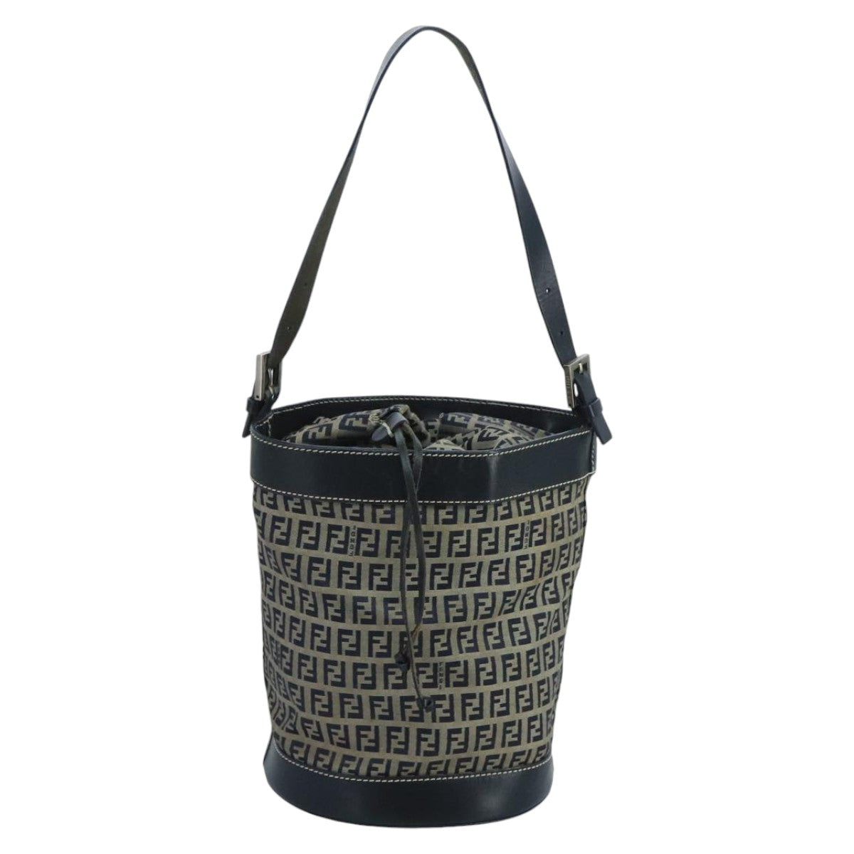 FENDI Zucchino Canvas Shoulder Bag Navy Silver 102520