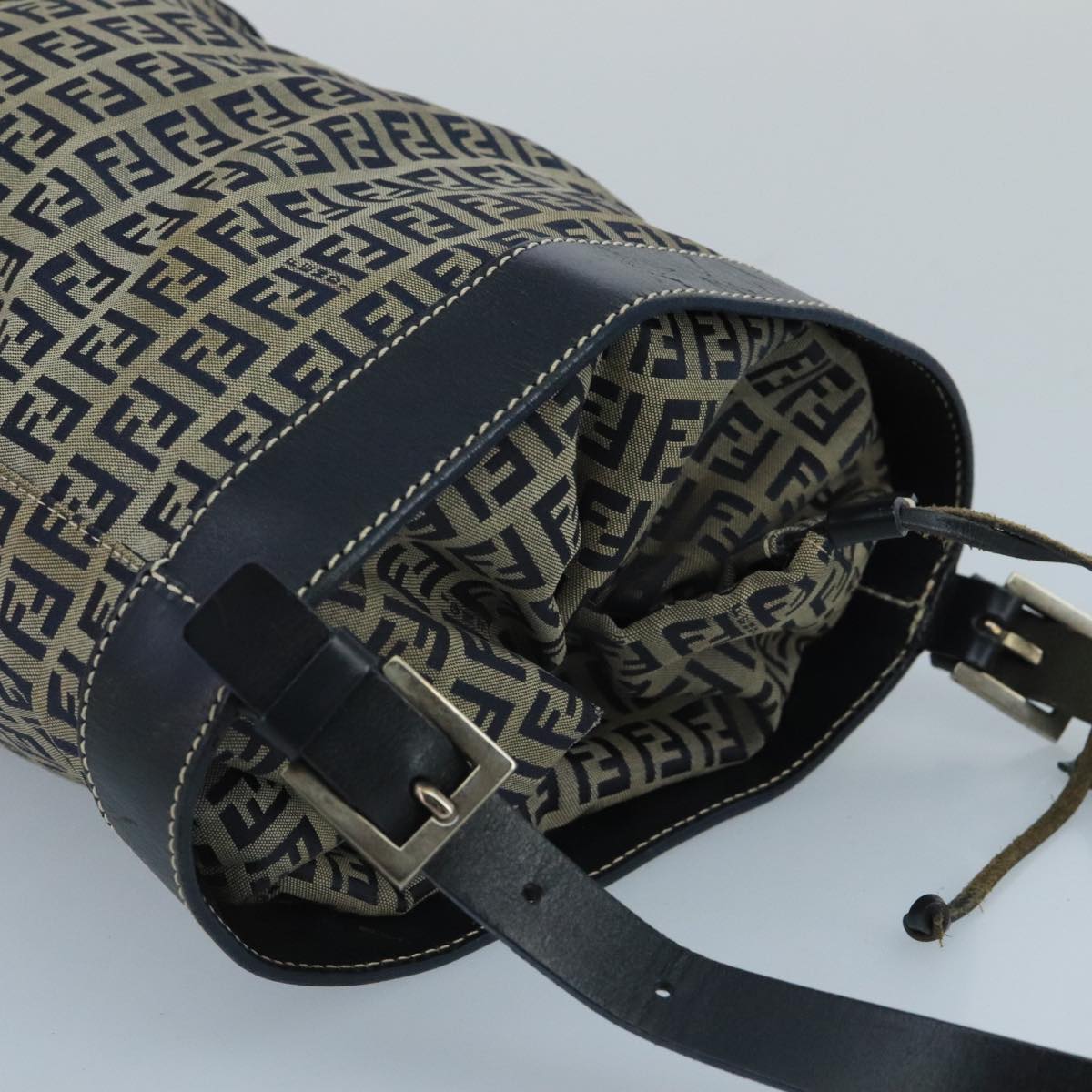 FENDI Zucchino Canvas Shoulder Bag Navy Silver 102520