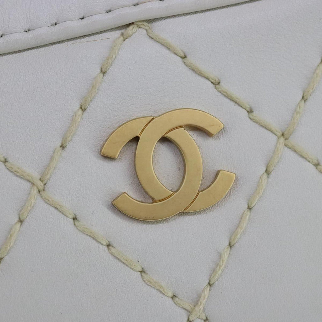 CHANEL Matelasse Wild Stitch Hand Bag Leather White Gold CC 102622