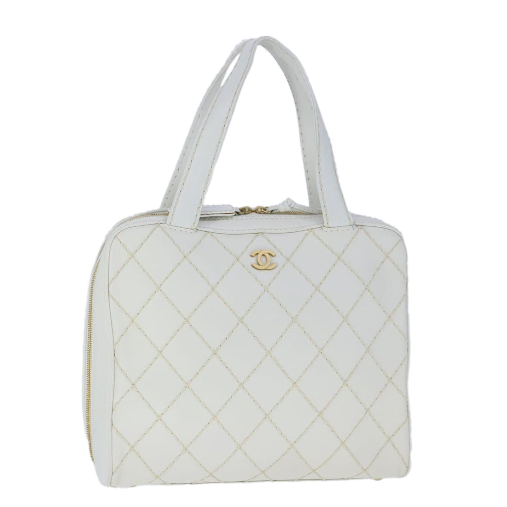 CHANEL Matelasse Wild Stitch Hand Bag Leather White Gold CC 102622