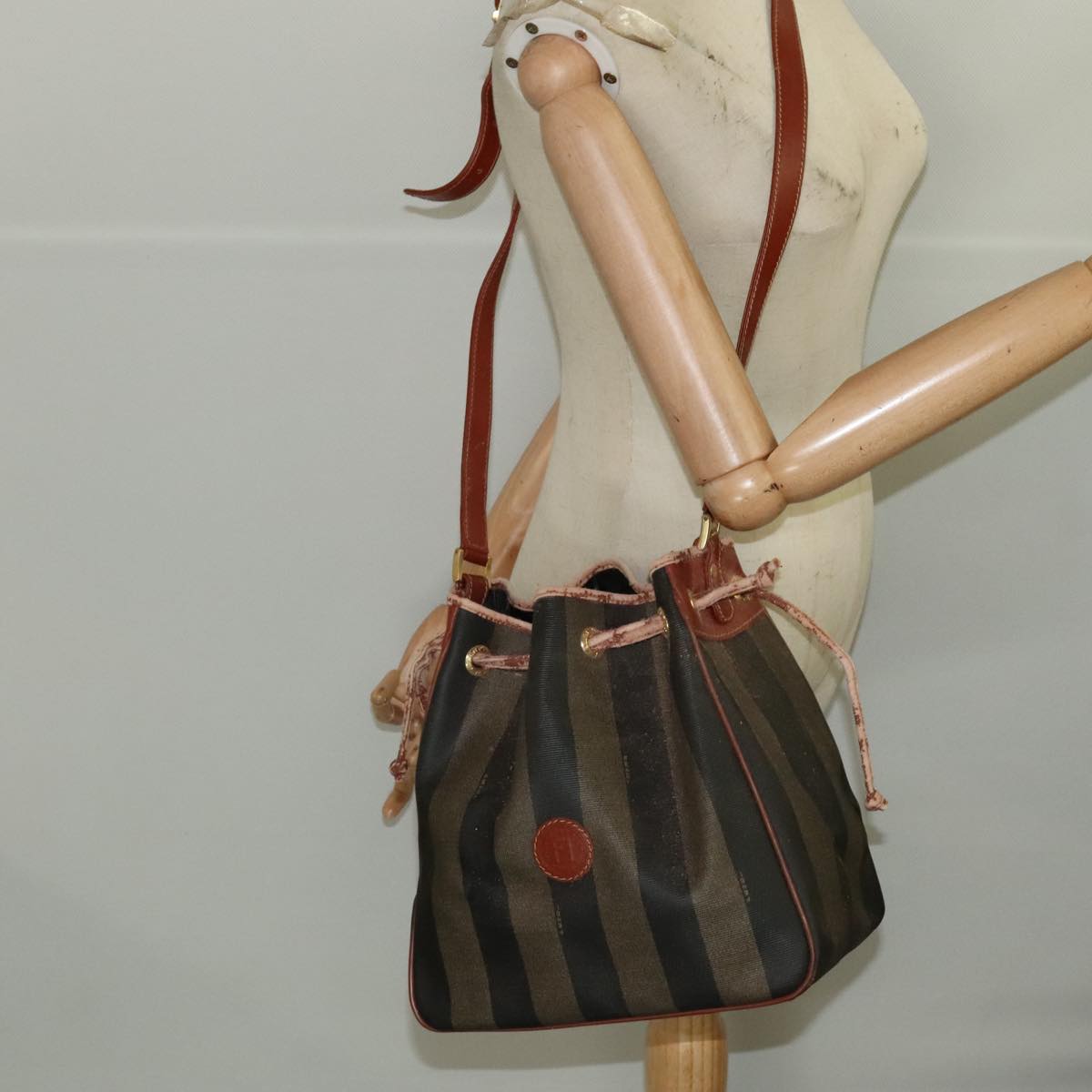 FENDI Pecan Canvas Shoulder Bag Brown Black Gold 102701