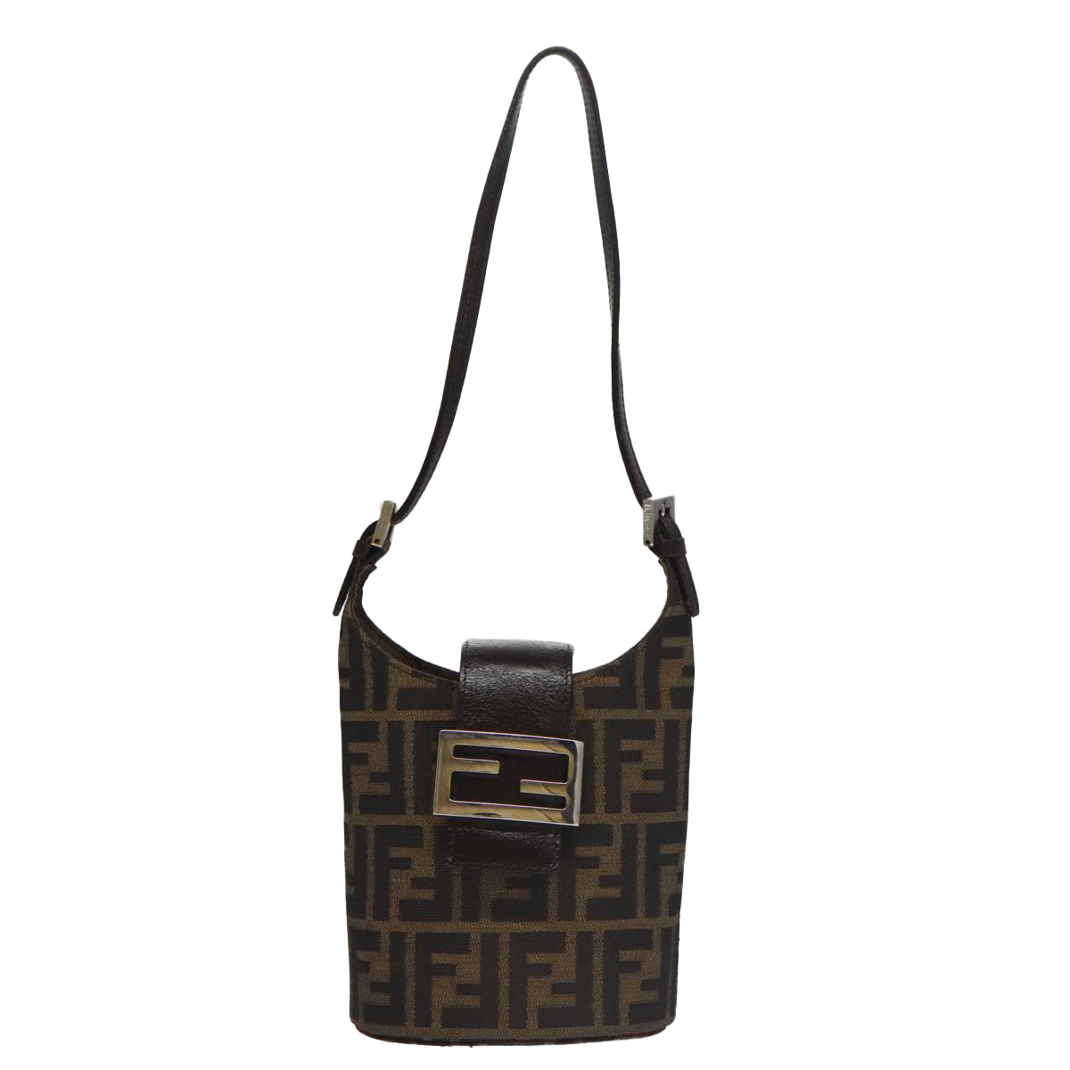 FENDI Zucca Canvas Shoulder Bag Brown Black Silver 102811