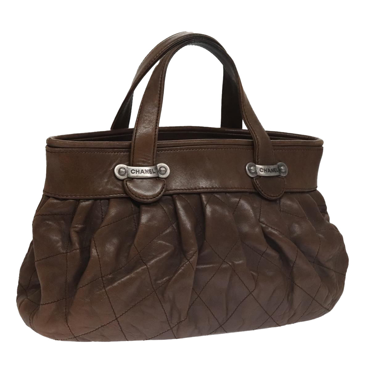 CHANEL Matelasse Hand Bag Leather Brown CC 102823