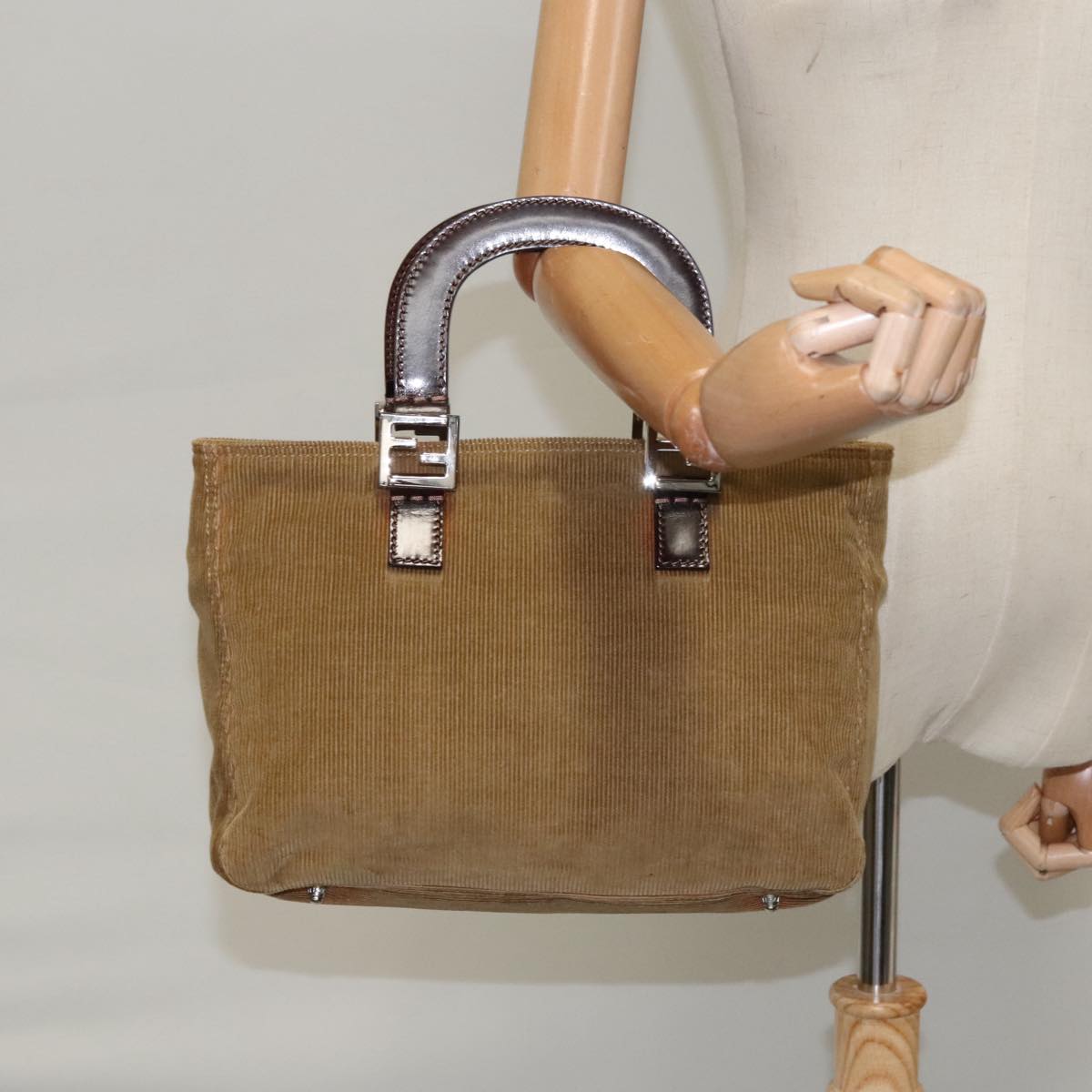 FENDI Hand Bag Corduroy Brown Silver 102866