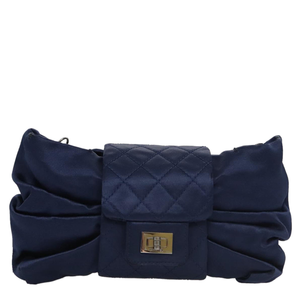 CHANEL Matelasse Chain Shoulder Bag Satin Navy CC 103082