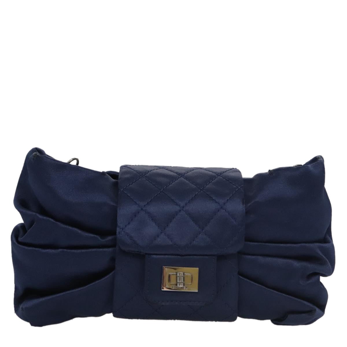 CHANEL Matelasse Chain Shoulder Bag Satin Navy CC 103082